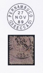 SELO: BRASIL – 1884/1888 (IMPÉRIO) TIPO CIFRA. RHM: 68. 700 RÉIS. USADO. CARIMBO: PERNAMBUCO - 2ª SECÇÃO (DATADO: 27.11.1889). NA COR PRETA.