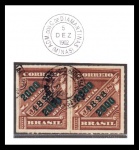 SELO BRASIL REPÚBLICA – 1898/1899 – JORNAL (SOBRESTAMPADO). RHM: 124. 2000/1000 RÉIS. (PAR HORIZONTAL). USADO. CARIMBO: ADM. DOS C. DE DIAMANTINA/MG. (DATADO: 5.12.1902). NA COR PRETA.