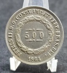 MOEDA DE PRATA 500 RÉIS 1864 P-597 SOB/FC ESTIMATIVA CATALOGO BENTES R$ 400, LINDA ESCASSA