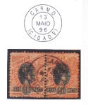 SELO BRASIL REPÚBLICA  1899  MADRUGADA REPUBLICANA. RHM: 85-C. 200 RÉIS (PAR HORIZONTAL). USADO. CARIMBO: CARMO(CIDADE). (DATADO: 13.05.1896). NA COR PRETA.