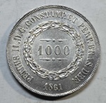 MOEDA DE PRATA 1.000 RÉIS 1861 P-609 FLOR DE CUNHO ESTIMATIVA R$ 500,