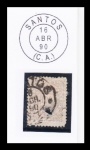 SELO: BRASIL (IMPÉRIO) – 1884/1888. TIPO CIFRA. RHM: 65 – 100 RÉIS. USADO. CARIMBO: SANTOS/SP – DATADO: 16.04.1890 (C.A. – CORREIO AMBULANTE). NA COR PRETA.