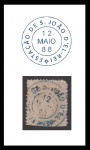 SELO: BRASIL  1883 (IMPÉRIO) D. PEDRO II (FUNDO CRUZADO). 100 RÉIS. USADO. CARIMBO: ESTAÇÃO DE S. JOÃO DEL-REI, DATADO DE 12.05.1888. CARIMBO NA COR AZUL. VALOR CAT. 150.