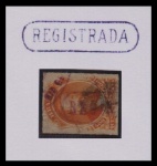 SELO: BRASIL (IMPÉRIO)  1876. D. PEDRO II (PERCE). RHM: 36  500 RÉIS. USADO. CARIMBO (SERVIÇO): REGISTRADA. P.A. 1686. NÃO DATADO. NA COR VIOLETA.