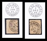 SELO: BRASIL (IMPÉRIO) – 1884/1888. TIPO CIFRA. RHM: 65 – 100 RÉIS. USADO. CARIMBO: RIO DE JANEIRO/RJ – DATADO: 23.01.1890 (4ª SECÇÃO – MANHÃ) E CARIMBO: RIO DE JANEIRO/RJ – (DATADO: 02.12.1889 (4ª SECÇÃO – NOITE). NA COR PRETA. USADO.