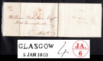 ENVELOPE: ESCÓCIA: 1800: Glasgow (Escócia): 5.1.1800 – Edimburgo (Escócia): 12.4.1800. Correspondência Terrestre. Com porte de 4 pence paga no destino.