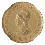 Brasil, 20000 Réis, 1892. Ouro. AI O712. NGC AU53. Data muito rara!