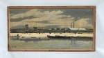 G.Ferro (Gabriel Marc Louis Ferro, Francês, 1903-1981). Óleo sobre tela, retrato figurativo da paisagem industrial portuária pós guerra, tema central do artista.  Assinado artista pelo francês com obras e coleções institucionais (ex.: Museu de artes de São Paulo) e mercado de leilões internacional (ex.: Musée Ville de Paris). Em bom estado, com marcas sutis que conferem charme e autenticidade à peça. Poderá ser avaliada por um analista ou perito com agendamento prévio. Somente a tela não possui moldura. medindo: