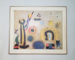 MIRÓ - Estampa do famoso quadro, "Libélula com asas vermelhas em perseguição a uma serpente que desliza em espiral em direção à estrela-cometa", de Joan Miró1951 - Em moldura de alumínio, precisa trocar o paspatur - Dimensão: 87 X 73 cm