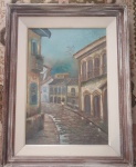 Quadro  em  pintura O S T ,   rua em estilo colonial, provavelmente inspirada em cidades históricas brasileiras, como Ouro Preto ou Paraty. - Medidas: 67x87 cm e 44x63 cm - Lote com pequenos lascados  na moldura,