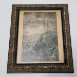 Gravura europeia do século XIX, desenho atribuído a Villas-Boas e gravação por B. Foster.Cena de paisagem montanhosa com figura humana em primeiro plano, representada com forte dramatização atmosférica, marcada por nuvens densas e profundidade tonal. A vegetação é tratada com minúcia linear típica das gravuras de periódicos ilustrados do período. No canto inferior, inscrições identificam o desenhista (Villas-Boas) e o gravador (B. Foster), prática usual das oficinas editoriais oitocentistas.A obra mantém pátina e escurecimento compatíveis com a idade, apresentando-se emoldurada em moldura decorada de época, que reforça sua leitura histórica. Dimensões: 32x26 centímetros.