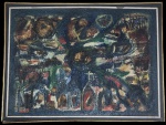 Óleo sobre madeira, composição abstrata, Brasil, década de 1960.Obra de intenso caráter matérico, com aplicação espessa de tinta e paleta marcada por azuis, verdes, ocres e vermelhos, criando estruturação gestual típica da produção moderna brasileira do período. No verso, conserva etiqueta original da VI Bienal do Museu de Arte Moderna de São Paulo (setembrodezembro de 1961), elemento que reforça a relevância histórica da peça dentro do circuito expositivo da época. Dimensões: 120x0,90.