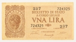 Numismática, ITALIA. Uma Cédula 1 Lira