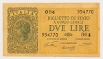 Numismática, ITALIA. Uma Cédula 2 Lire
