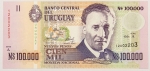 Numismática, URUGUAY. Uma Cédula 100000 Nuevos Pesos Flor de Estampa