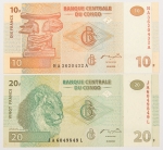 Numismática, CONGO. Duas Cédulas 10 Francs e 20 Francs Flor de Estampa