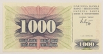 Numismática, BOSNIA HERZEGOVINIA. Uma Cédula P-15 1000 Dinars 1992 Flor de Estampa