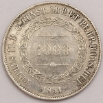 Numismática, Brasil. Moeda de 1000 RÉIS, ano 1851. Def. com Ponto. Apresenta um ponto distinto na abreviação `DEF.` (Defensor) da legenda do anverso.