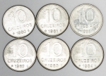 Numismática, Brasil. Série de moedas de 10 cruzeiros, anos 1980, 1981, 1982, 1983, 1984 e 1985 (Série Mapa do Brasil).