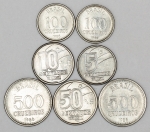 Numismática, Brasil. Lote com 7 moedas, sendo 100 e 500 cruzeiros (1985 e 1986), além de 5, 10 e 50 centavos Cruzado Novo (1989), já escassas.