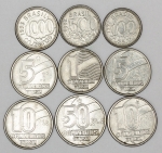 Numismática, Brasil. Lote com 9 moedas de 1, 5, 10, 50, 100, 500 e 1000 cruzeiros novo, anos 1990, 1991, 1992 e 1993, já escassas.