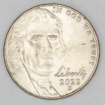 Numismática, U.S.A. Moeda de Five Cent Dollar, ano 2022 D. 21mm, Jeferson F.C.