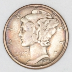 Numismática, U.S.A. One Dime Dollar Mercury, 1944, Prata 900, original, escassa.