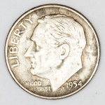 Numismática, U.S.A. One Dime, ano 1954 D, Prata 900, 2.5g. 18mm. Roosevelt.