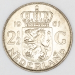 Numismática, Holanda. Moeda de 2 1/2 Golden, 1961, Prata 720, 15g, 33mm, original, escassa, KMH 517-449.