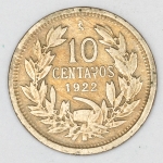 Numismática, Chile. Moeda de 10 centavos, ano 1922, 3g, 20mm, rara, KMH 166.