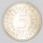 Numismática, Alemanha. Moeda de 5 marcos, 1951 F, Prata, escassa, KMH 1/2-1.