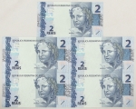 Numismática, Brasil. Lote com 5 cédulas de 2 Reais, sendo: LJ018906189 a LJ018906193, seriadas, escassas. Flor de Estampa.