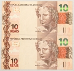 Numismática, Brasil. Lote com 2 cédulas de 10 Reais, sendo HG010220612 e HG010220613, seriadas, escassas. Flor de Estampa.