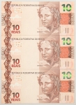 Numismática, Brasil. Lote com 3 cédulas de 10 Reais, sendo MH001036201, MH001036202 e MH001036203, seriadas, escassas. Flor de Estampa.