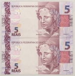 Numismática, Brasil. Lote com 2 cédulas de 5 Reais, sendo LH002962999 e LH002963000, seriadas, escassas. Flor de Estampa.