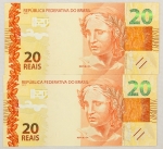 Numismática, Brasil. Lote com 2 cédulas de 20 Reais, sendo MJ037375093 e MJ037375094, seriadas, escassas. Flor de Estampa.