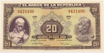 Numismática, Colômbia. Cédula de 20 Pesos Oro 1951 P-392d FE