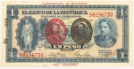 Numismática, Colômbia. Cédula de 1 Peso Oro 1953 com sobreimpressão da Sociedade Numismática para a Exposição Numismática de 1993