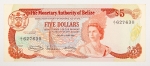 Numismática, Belize. 5 dólares, P. 39, MBC+//XF.