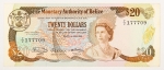Numismática, Belize. 20 dólares, P. 41, MBC+.