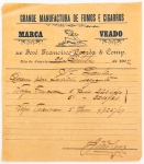 Colecionismo - CIGARROS - Nota de Venda Original - da Grande Manufactura de Fumos e Cigarros Marca Veado de José Francisco Corrêa & Comp. - Datada de 22 Outubro de 1912