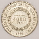 Numismática, Brasil. Terceiro sistema monetário. Prata. 1000 réis 1860. Número 6 - Com marcas (Pode ser data emendada) Aconselhamos análise apurada.