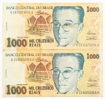 Numismática, Brasil. 1000 Cruzeiros Reais. 2 peças.