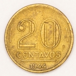 Numismática, Brasil. 20 centavos 1944. Sem sigla no anverso.