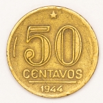 Numismática, Brasil. 50 centavos 1944. Sem sigla no anverso.