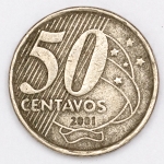 Numismática, Brasil. 50 centavos 2001. Cupro-Níquel.