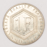 Numismática, França. 1 franco 1988. Moeda comemorativa 30 anos da Quinta República - Charles Gaulle.