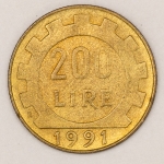 Numismática, Itália. 200 liras 1991. Flor de Cunho.