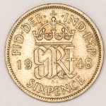 Numismática, Reino Unido. 6 pence 1948.  Flor de cunho. Soberba.
