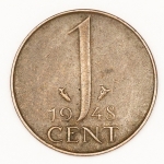 Numismática, Holanda. 1 cent. 1948.